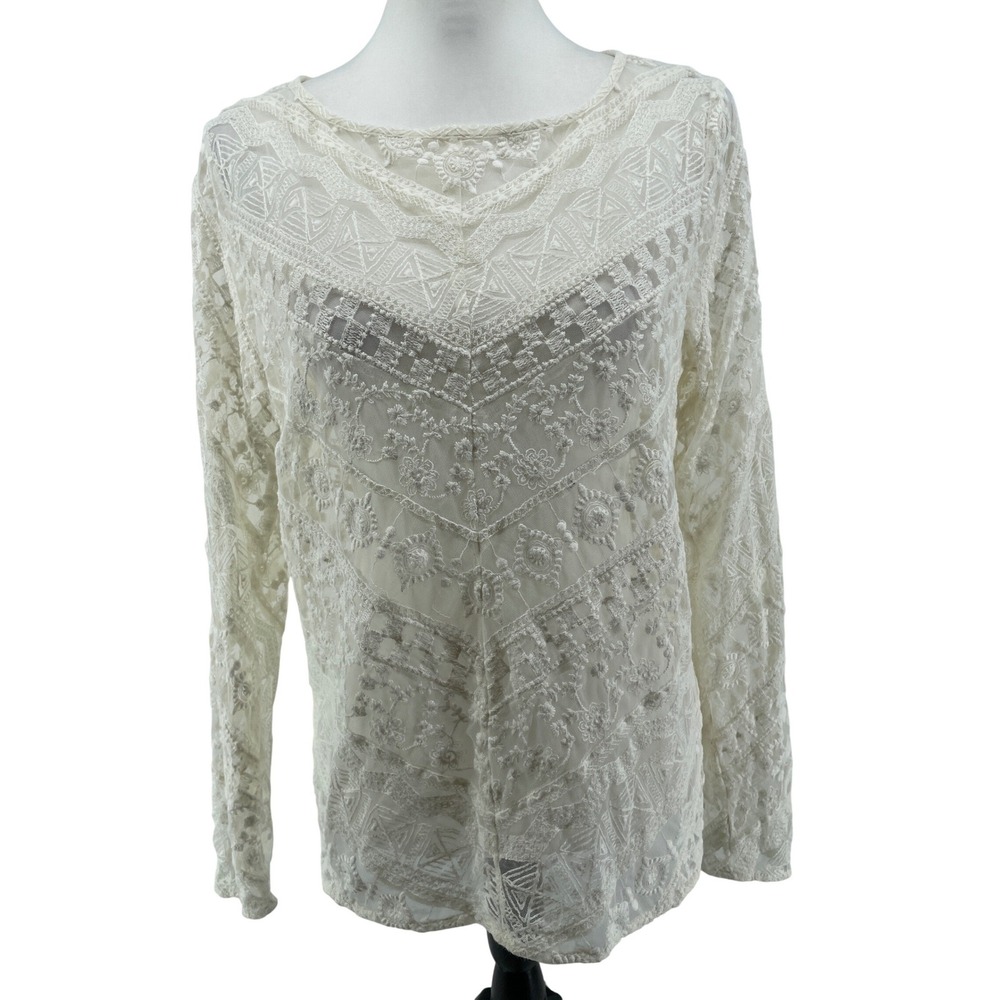 Sundance Lace Embroidered Sheer Top Womens Medium Cream Cottage Boho Romantic‎